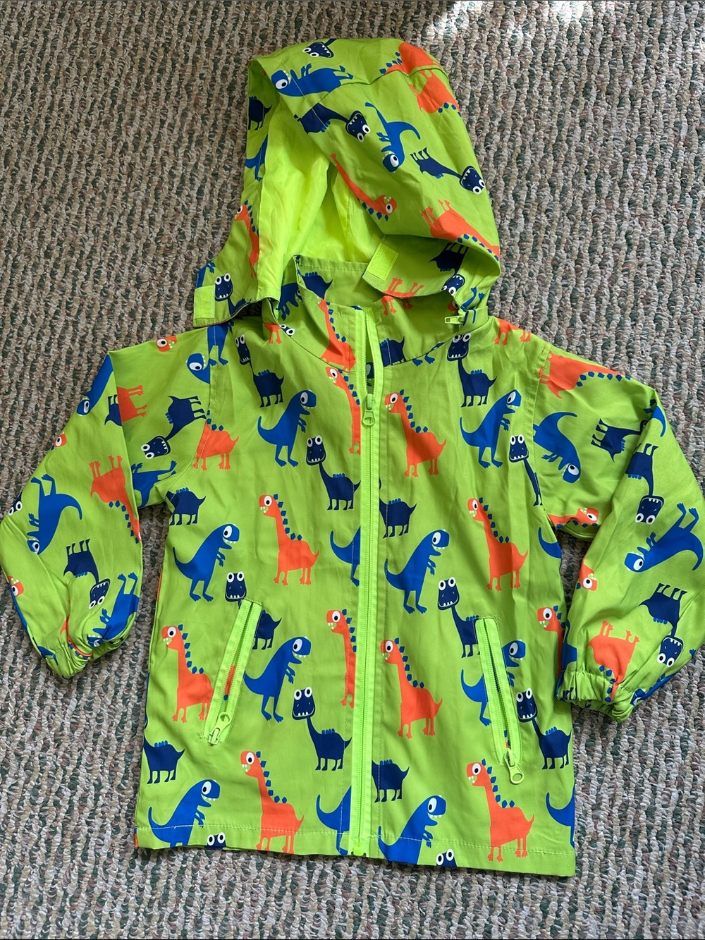 Kids' Lime Green Dino Hooded Rain Jacket size 3/4